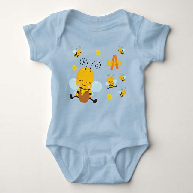 Cute Lycklig Humla med blommor Blue T Shirt (Framsida)