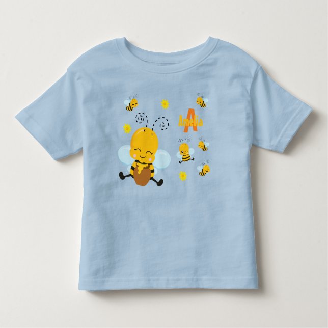 Cute Lycklig Humla med blommor Blue T Shirt (Framsida)