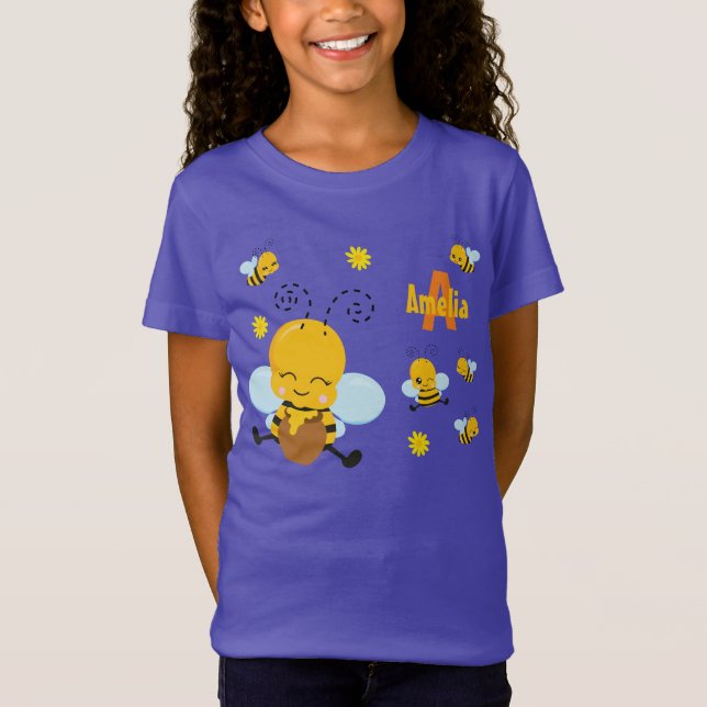 Cute Lycklig Humla med blommor Lila T Shirt (Framsida)