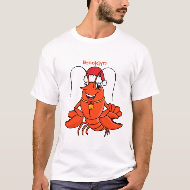 Cute lycklig hummer med julhatt tecknad t shirt (Framsida)
