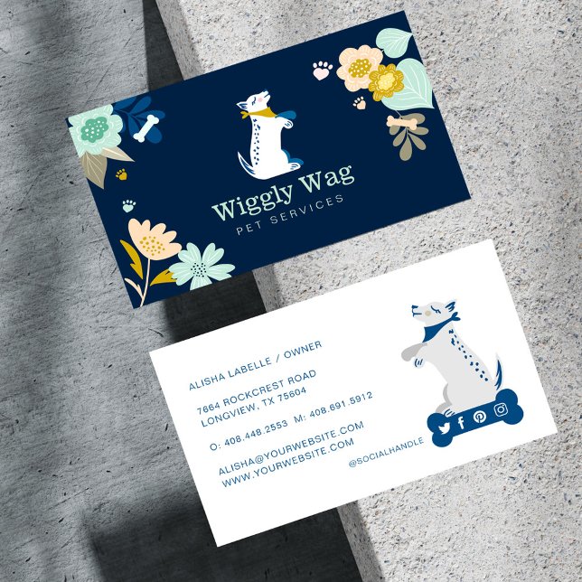 Cute Lycklig Hund Blommigt Botaniska flottans säll Visitkort (Cute Happy Dog Floral Botanical Navy Pet Services Business Card)