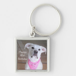 Cute Lycklig Hund med själslig Rosa av födelsedag Fyrkantig Silverfärgad Nyckelring
