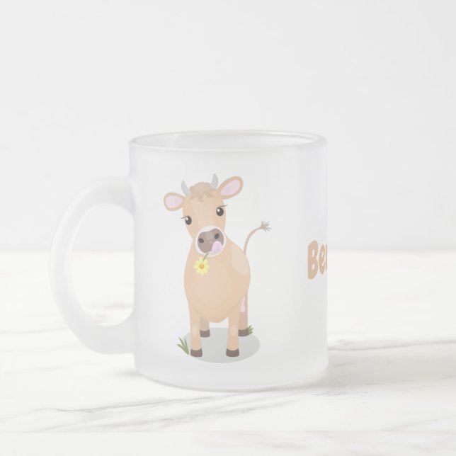 Cute lycklig jersey-tecknad för kor och blommor frostad glasmugg (Vänster)