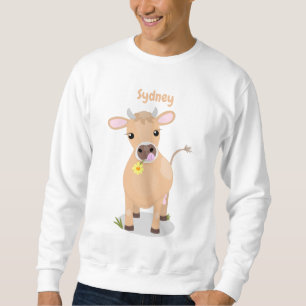 Cute lycklig jersey-tecknad för kor och blommor lång ärmad tröja