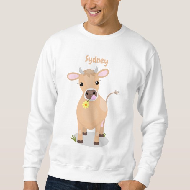 Cute lycklig jersey-tecknad för kor och blommor lång ärmad tröja (Framsida)