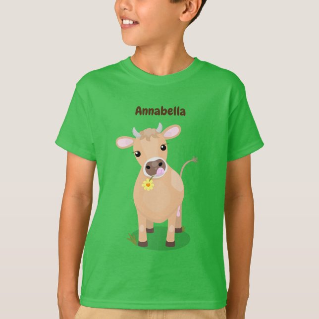 Cute lycklig jersey-tecknad för kor och blommor t shirt (Framsida)