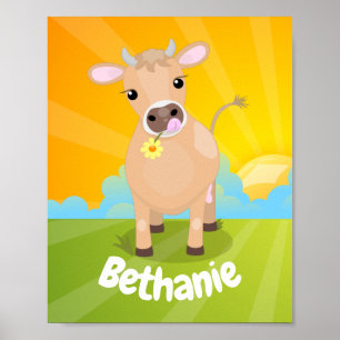 Cute lycklig jersey-tecknaden för ko- och blomsolu poster