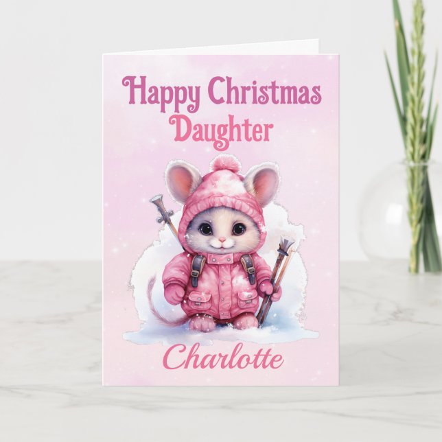 Cute Lycklig Julddotter Rosa Winter Mouse Helgkort (Framsida)