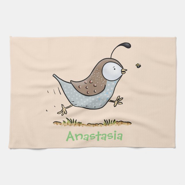 Cute lycklig kalifornian quail tecknad illustratio kökshandduk (Horisontell)