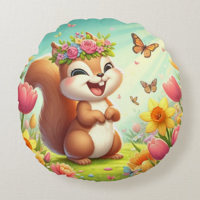 Cute, lycklig-källekorre rund kudde (Framsidan)