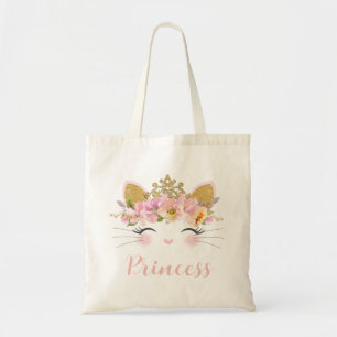 Cute Lycklig Kattunge Princess Blommigt Guld Krona Tygkasse
