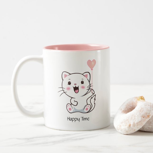 Cute lycklig kattunge som har ballong Två-Tonad mugg (Med munk)