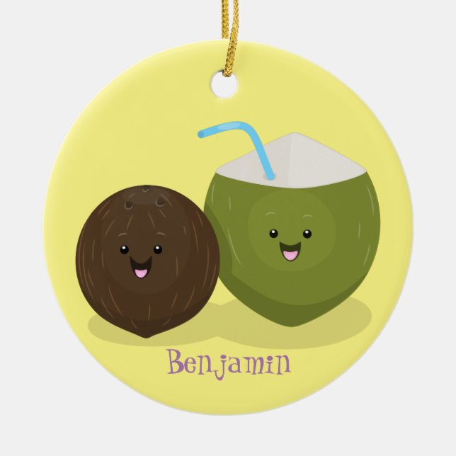 Cute lycklig kawaii coconuts tecknad illustration julgransprydnad keramik (Framsidan)