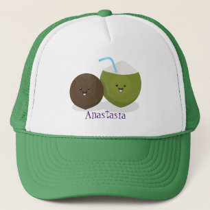 Cute lycklig kawaii coconuts tecknad illustration keps