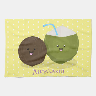 Cute lycklig kawaii coconuts tecknad illustration kökshandduk