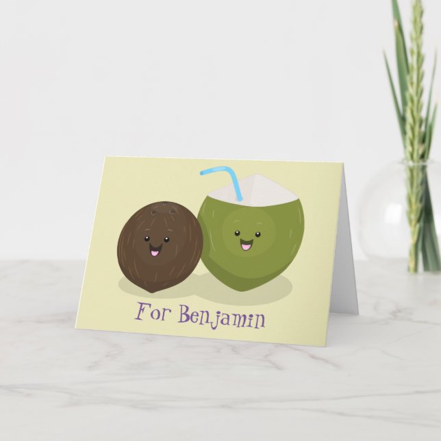 Cute lycklig kawaii coconuts tecknad illustration kort (Framsida)