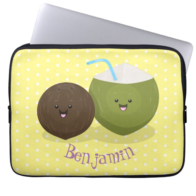 Cute lycklig kawaii coconuts tecknad illustration laptop fodral (Framsidan)
