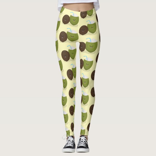 Cute lycklig kawaii coconuts tecknad illustration leggings (Framsida)