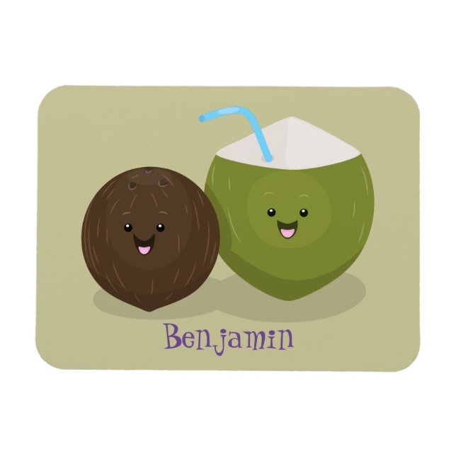 Cute lycklig kawaii coconuts tecknad illustration magnet (Horisontell)