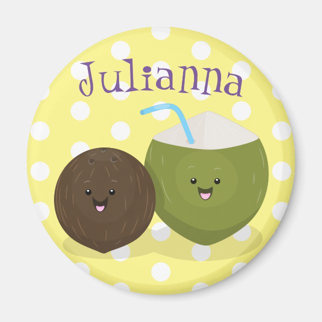 Cute lycklig kawaii coconuts tecknad illustration magnet (Framsidan)