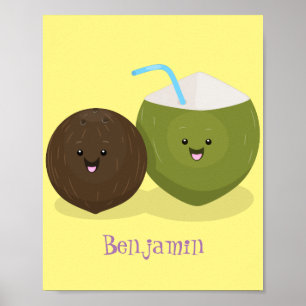 Cute lycklig kawaii coconuts tecknad illustration poster