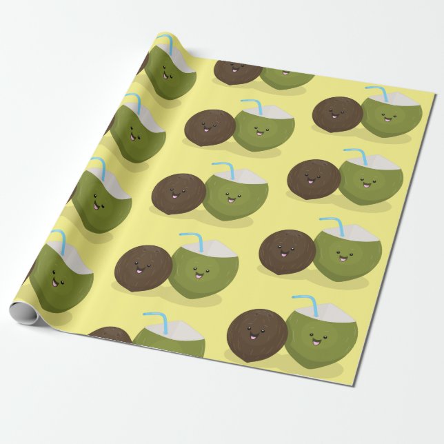 Cute lycklig kawaii coconuts tecknad illustration presentpapper (Utrullad)