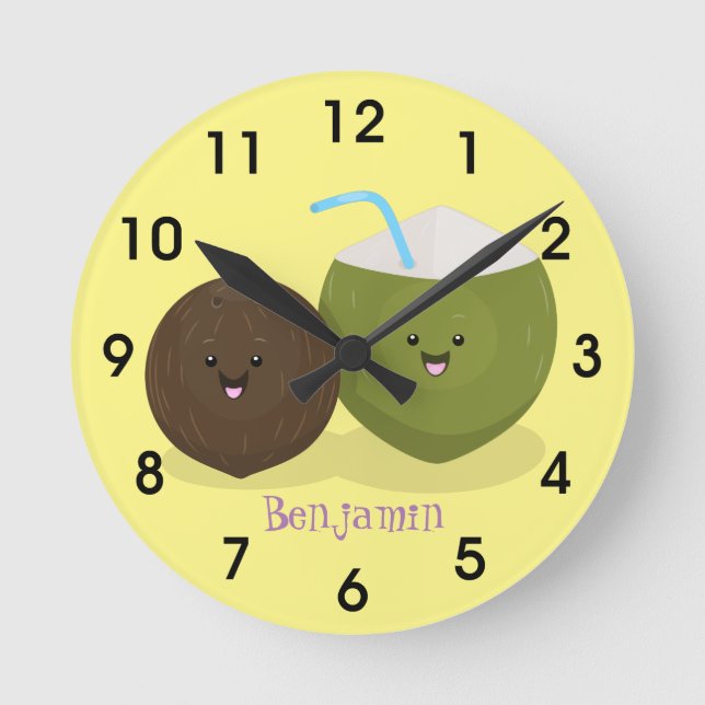 Cute lycklig kawaii coconuts tecknad illustration rund klocka (Framsida)