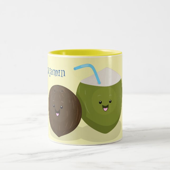 Cute lycklig kawaii coconuts tecknad illustration Två-Tonad mugg (Center)