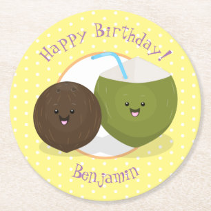 Cute lycklig kawaii coconuts tecknad illustration underlägg papper rund