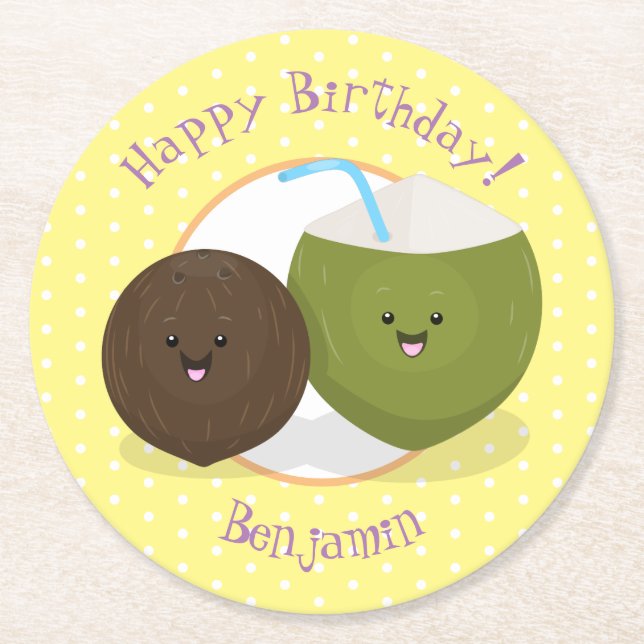 Cute lycklig kawaii coconuts tecknad illustration underlägg papper rund (Framsidan)