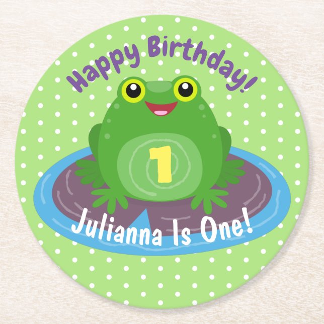 Cute lycklig kawaii grönt groda tecknad illustrati underlägg papper rund (Framsidan)