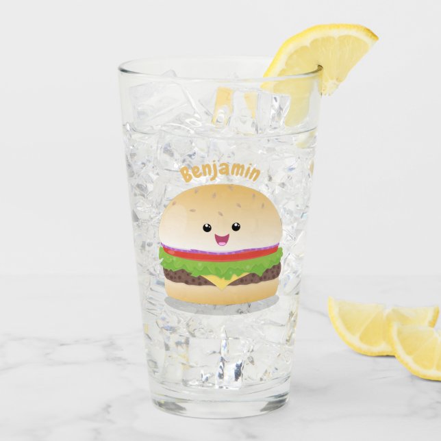 Cute lycklig kawaii hamburger tecknad glaskopp (Bakside Is)