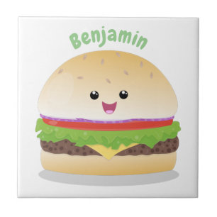 Cute lycklig kawaii hamburger tecknad kakelplatta