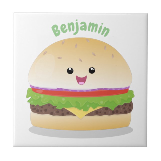 Cute lycklig kawaii hamburger tecknad kakelplatta (Framsidan)