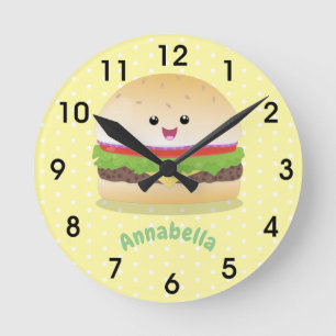 Cute lycklig kawaii hamburger tecknad klockan rund klocka