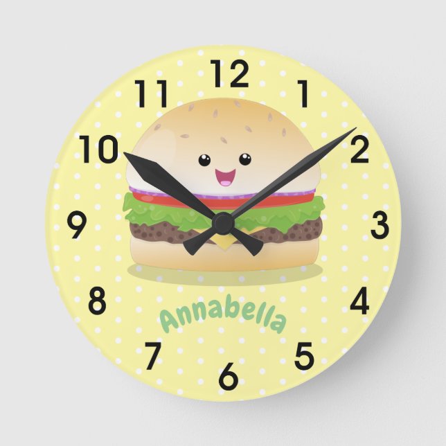 Cute lycklig kawaii hamburger tecknad klockan rund klocka (Framsida)