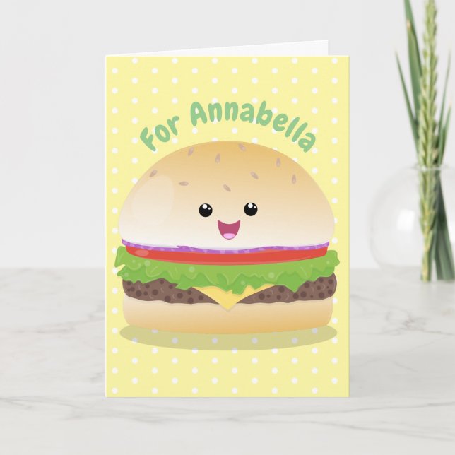 Cute lycklig kawaii hamburger tecknad kort (Framsida)