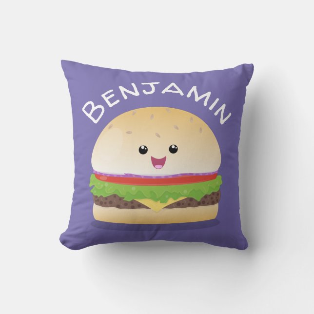 Cute lycklig kawaii hamburger tecknad kudde (Framsida)