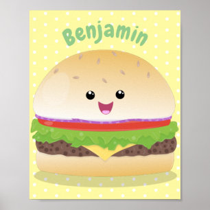 Cute lycklig kawaii hamburger tecknad poster