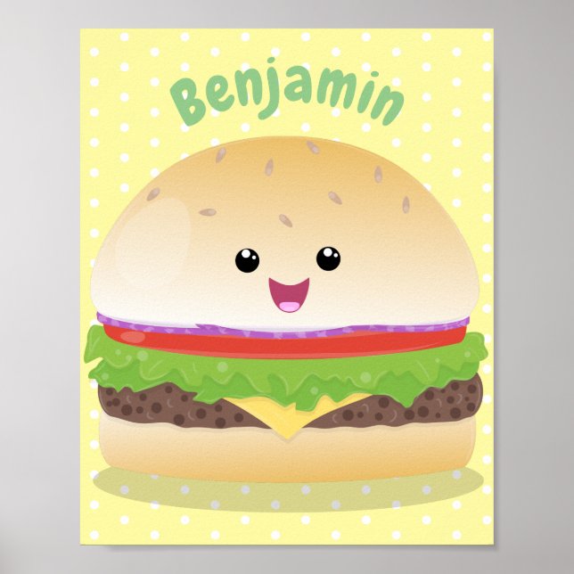 Cute lycklig kawaii hamburger tecknad poster (Framsidan)