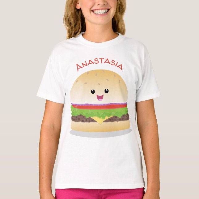Cute lycklig kawaii hamburger tecknad t shirt (Framsida)