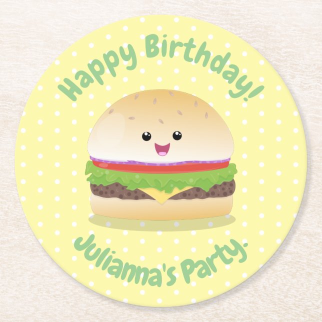 Cute lycklig kawaii hamburger tecknad underlägg papper rund (Framsidan)
