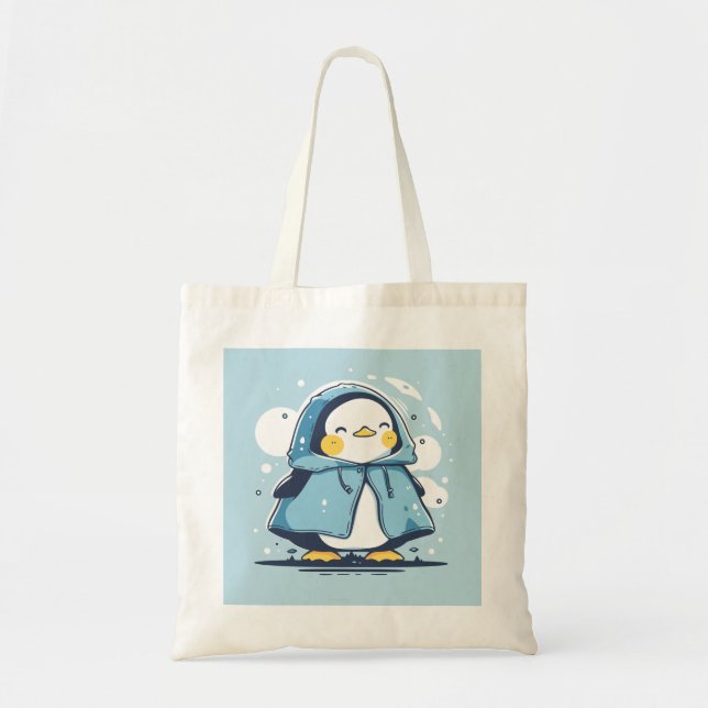 Cute Lycklig Kawaii Penguin i en regnrock Tygkasse (Framsidan)