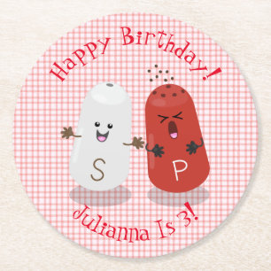 Cute lycklig kawaii-salt och peppartecknad underlägg papper rund