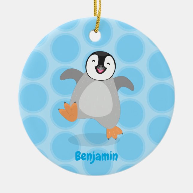 Cute lycklig kejsar penguin chick tecknad julgransprydnad keramik (Framsidan)