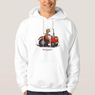 Cute lycklig ko som kör en röd traktortecknad hoodie