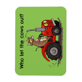 Cute lycklig ko som kör en röd traktortecknad magnet