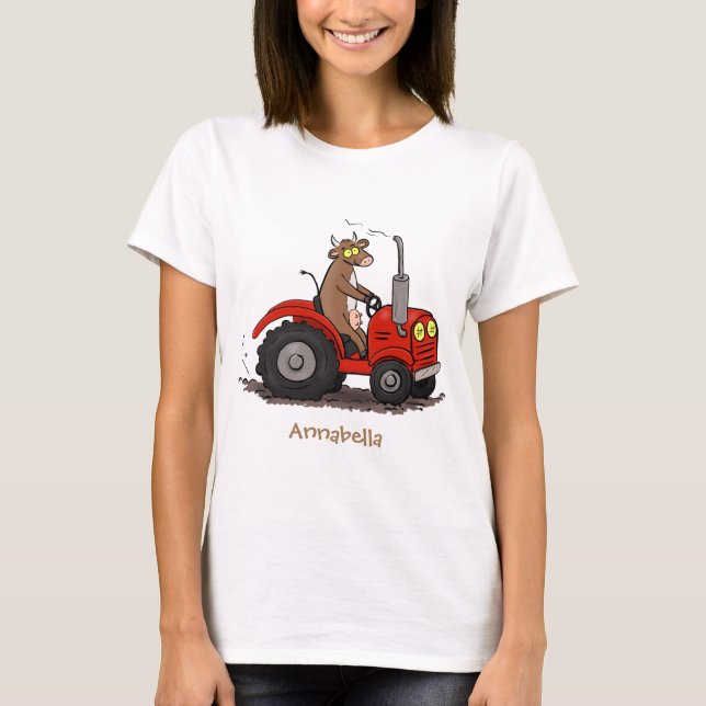 Cute lycklig ko som kör en röd traktortecknad t shirt (Framsida)