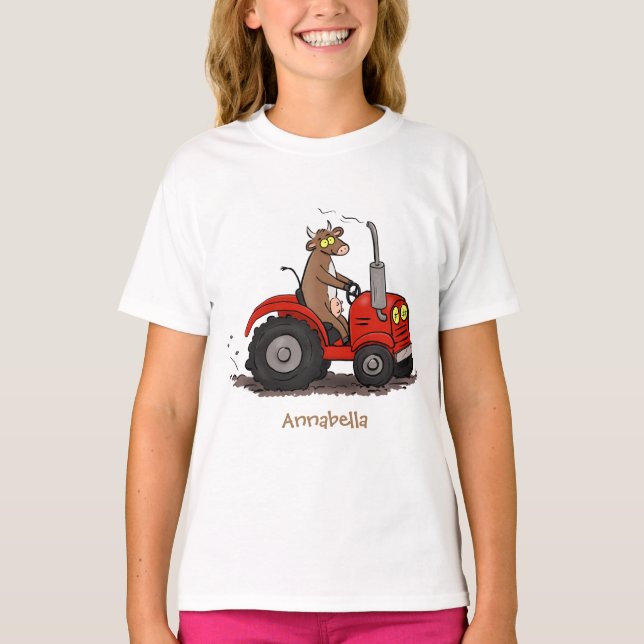 Cute lycklig ko som kör en röd traktortecknad t shirt (Framsida)