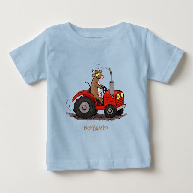 Cute lycklig ko som kör en röd traktortecknad t shirt (Framsida)